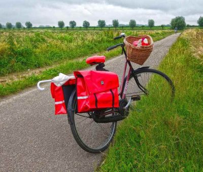 Un vélo chargé de bagages rouges et un panier, posé sur une route