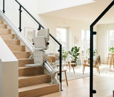 Monte-escalier installé le long d'un escalier de maison, rampe moderne, intérieur clair