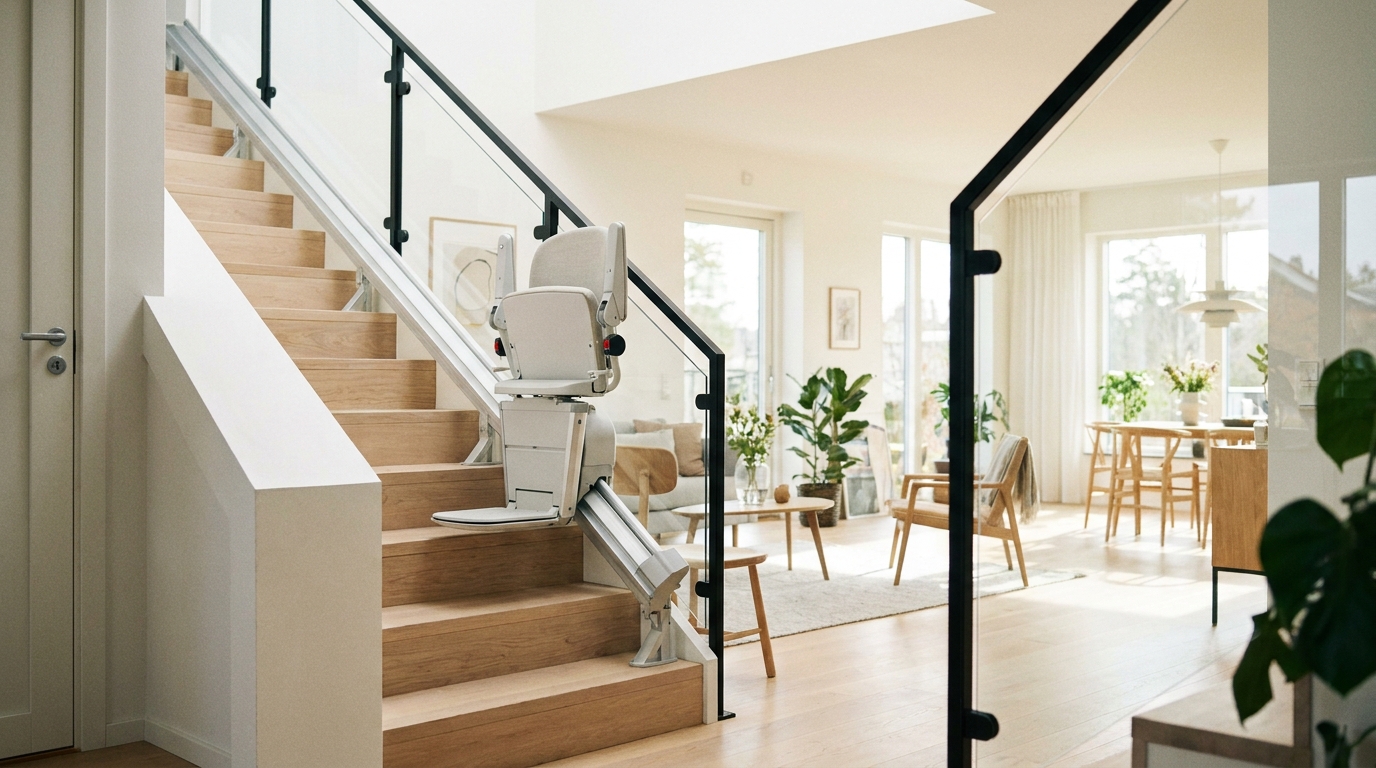 Monte-escalier installé le long d'un escalier de maison, rampe moderne, intérieur clair