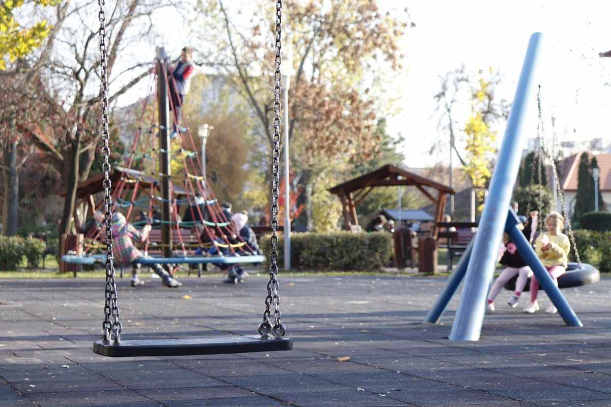 Enfants jouant sur des balançoires et une structure de jeu dans un parc Enfants jouant sur des balançoires et une structure de jeu dans un parc