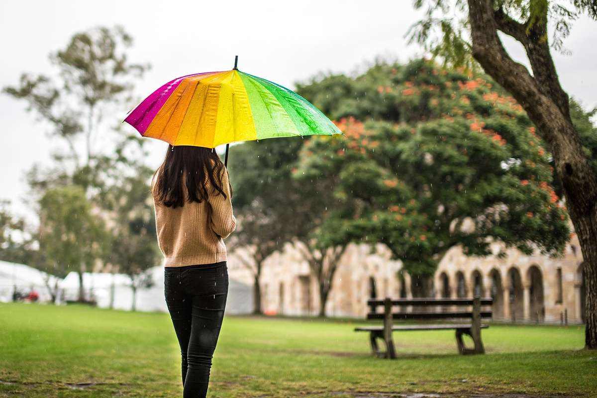 Une femme sous un parapluie arc-en-ciel marche dans un parc Une femme sous un parapluie arc-en-ciel marche dans un parc