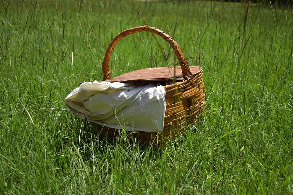 Un panier en osier repose sur l'herbe avec une nappe blanche