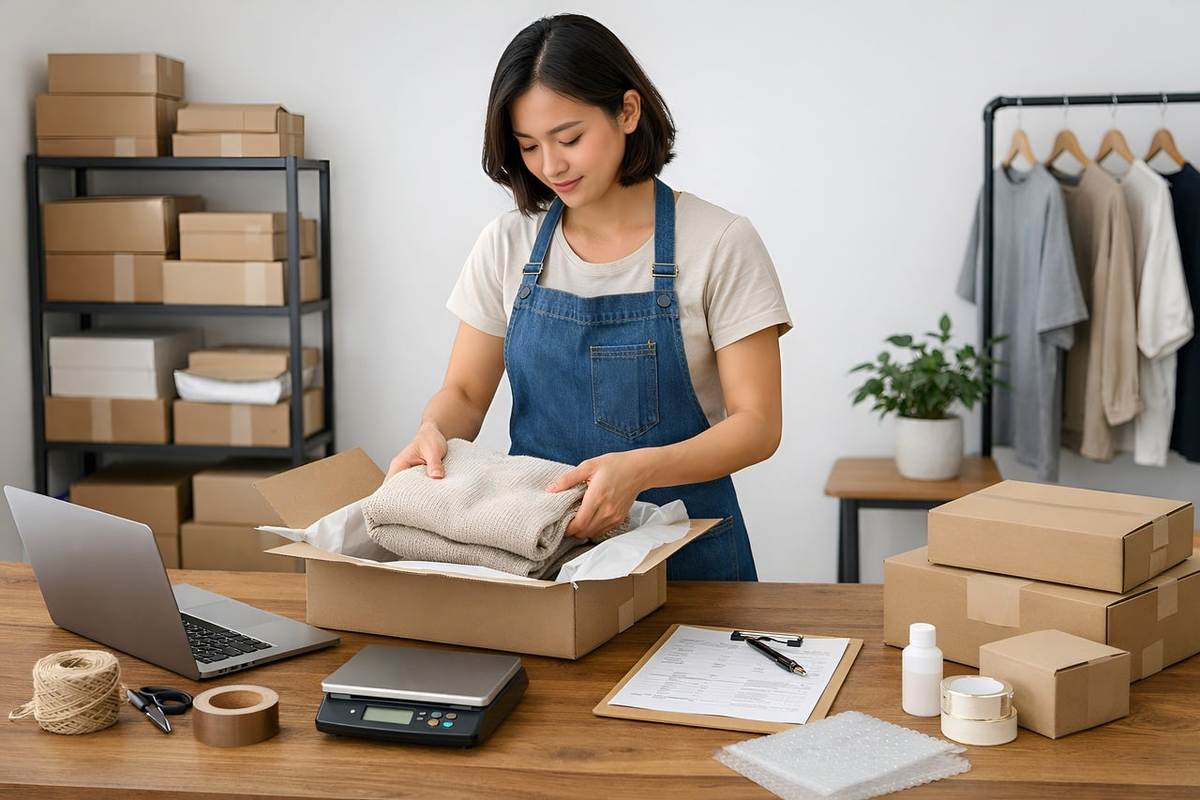 Une femme emballe des vêtements dans une boîte sur une table de travail Une femme emballe des vêtements dans une boîte sur une table de travail