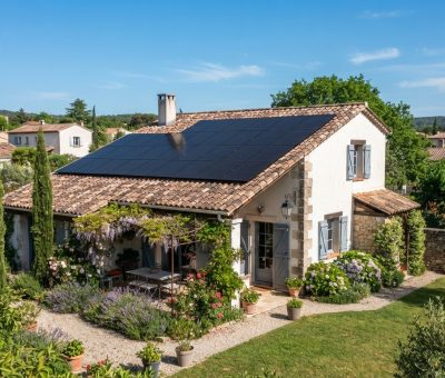 Toit de maison individuelle française avec panneaux solaires photovoltaïques, ciel dégagé, jardin