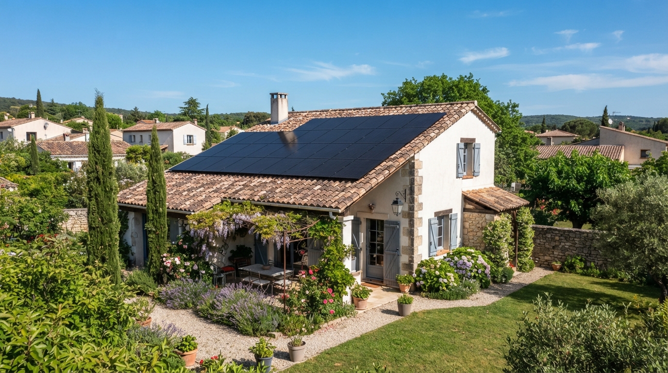 Toit de maison individuelle française avec panneaux solaires photovoltaïques, ciel dégagé, jardin